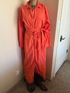 LOFT XL Coral Button Down Shirt Dress Belted Midi Maxi
